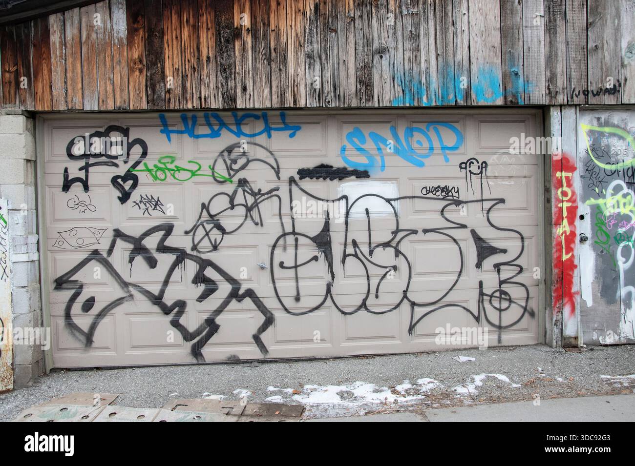 Graffiti tagged on a garage roll up door in an alley near McCaul