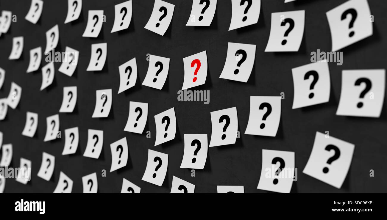Uncertainty And Decision Making Concept. White Paper Notes With Question Marks Highlighting One Red Symbol On Dark Background. 3d Rendering Stock Photo
