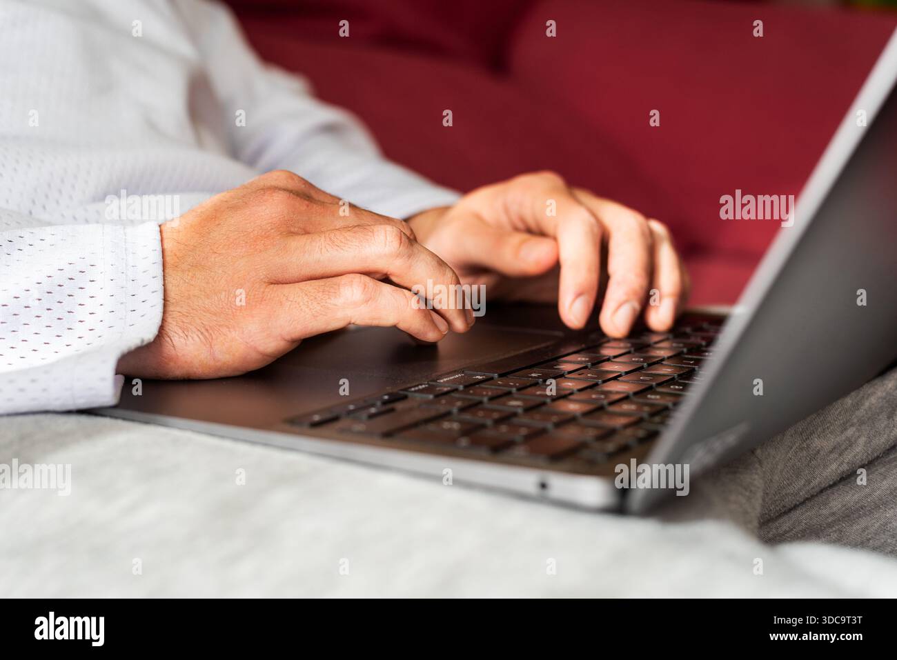 Remote work from home using a laptop on a couch Stock Photo