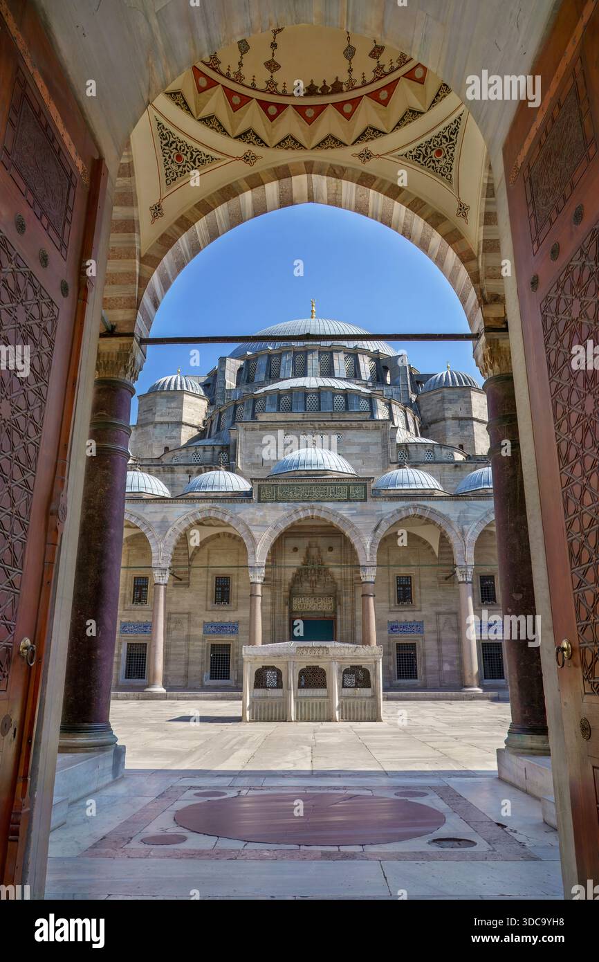 View over the Suleymaniye Mosque through its gate in Istanbul, Turkey Stock Photo