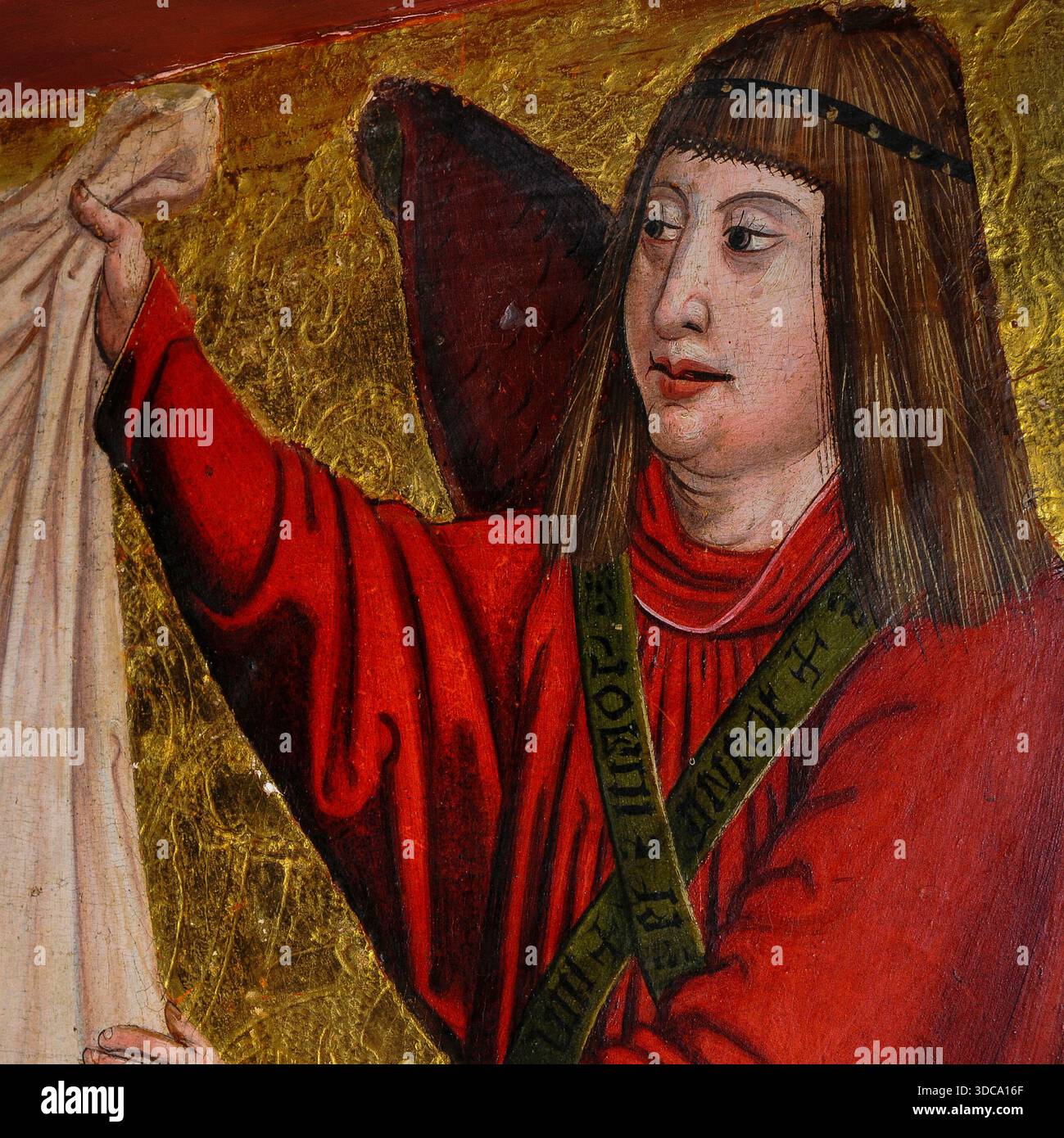 Angel in red with long hair and fringe or bangs holds up a veil. Detail ...