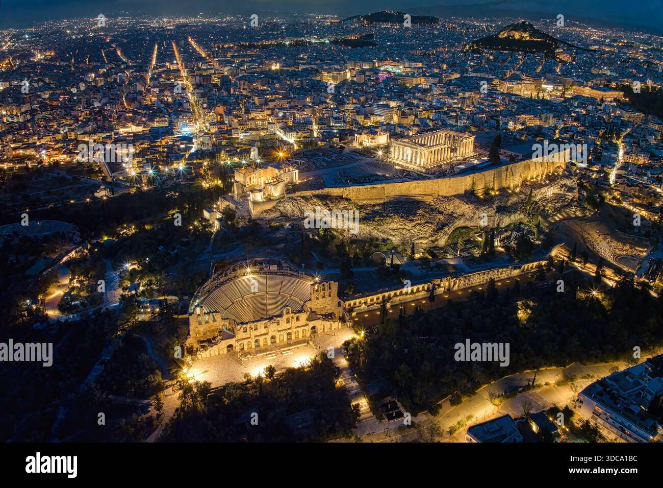 Aerial view of the historic Acropolis with beautiful ancient ruins ...