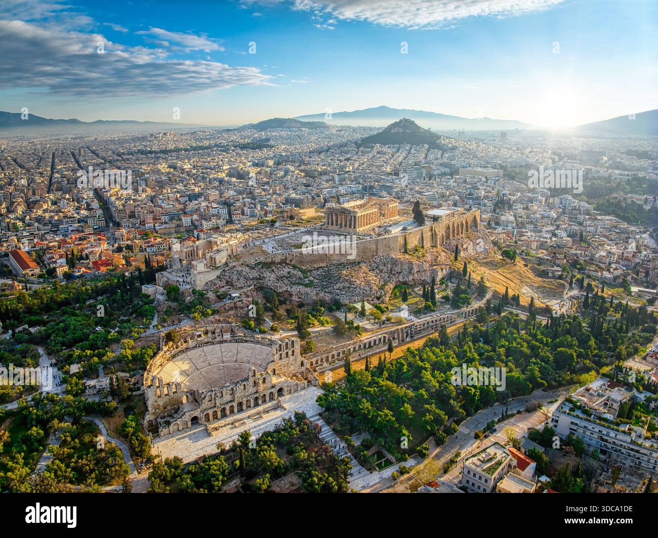 Aerial view of the historic Acropolis with beautiful ancient ruins ...