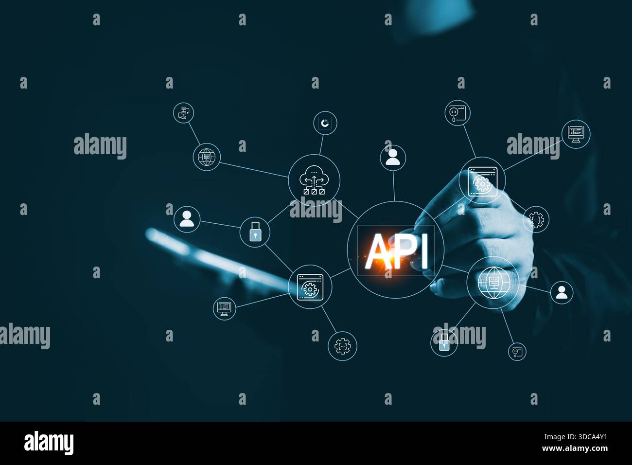 Business hand touching API connection interface digital network icons representing application programming interface system integration cloud services Stock Photo