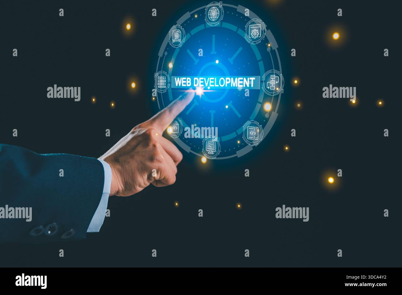 Businessman touching virtual web development interface with digital technology icons, representing modern programming, website creation, software Stock Photo