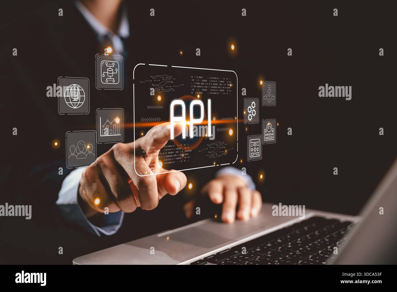 Professional interacting glowing API interface digital data icons representing application programming interface system integration backend services c Stock Photo