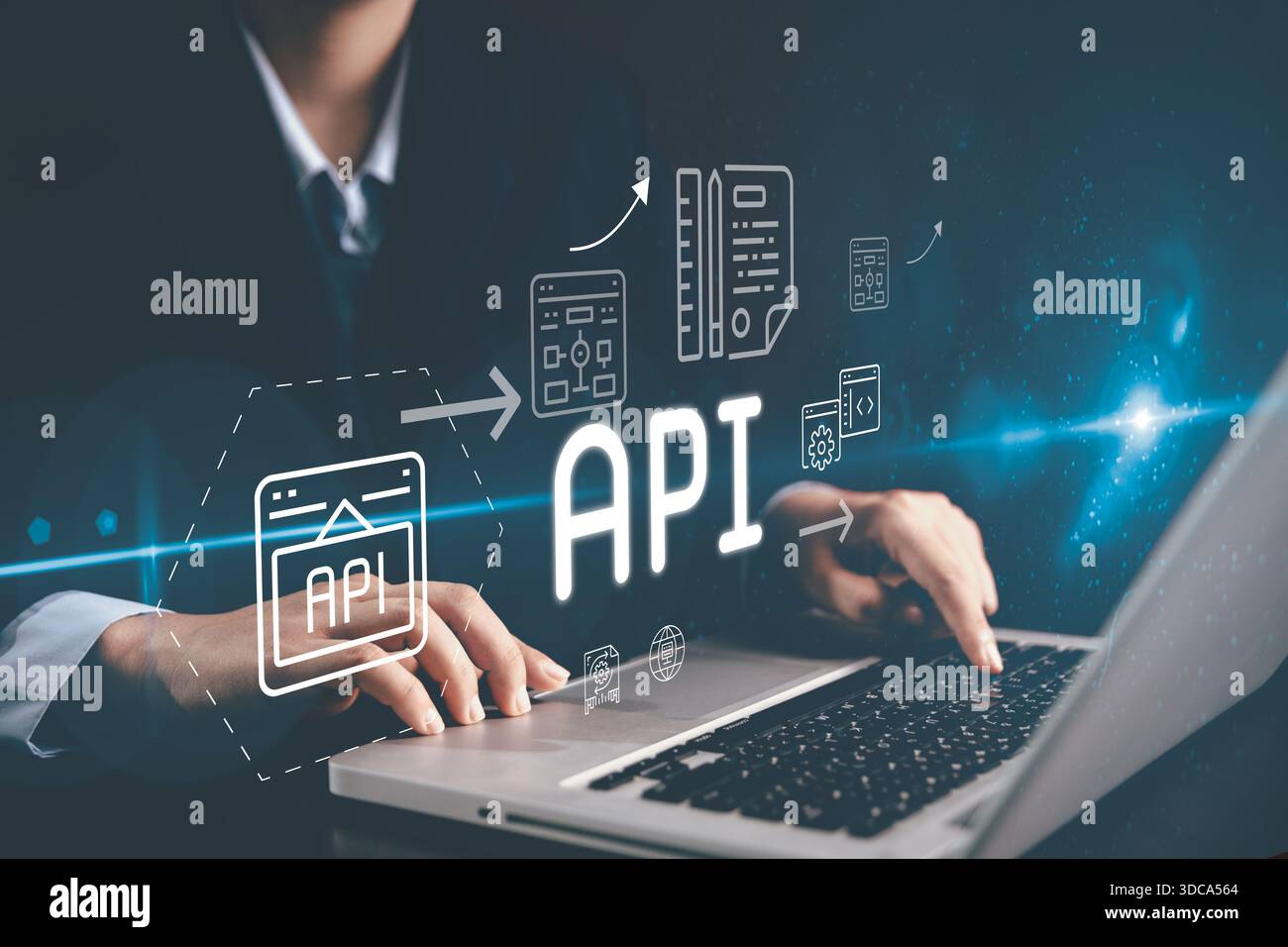 Professional working laptop API workflow interface representing application programming interface web development backend integration data exchange cl Stock Photo