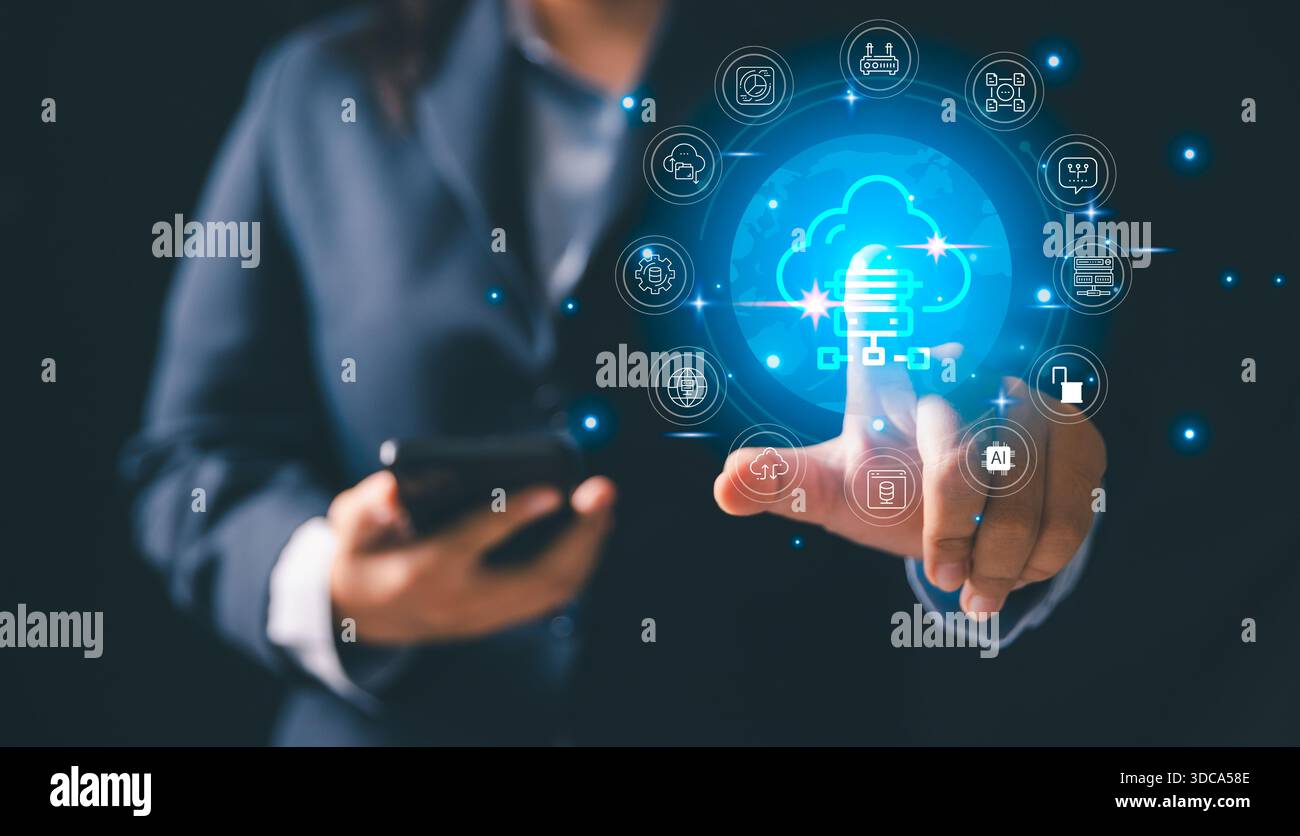 Business professional interacting, glowing cloud computing interface surrounded by technology icons representing data storage, digital transformation Stock Photo