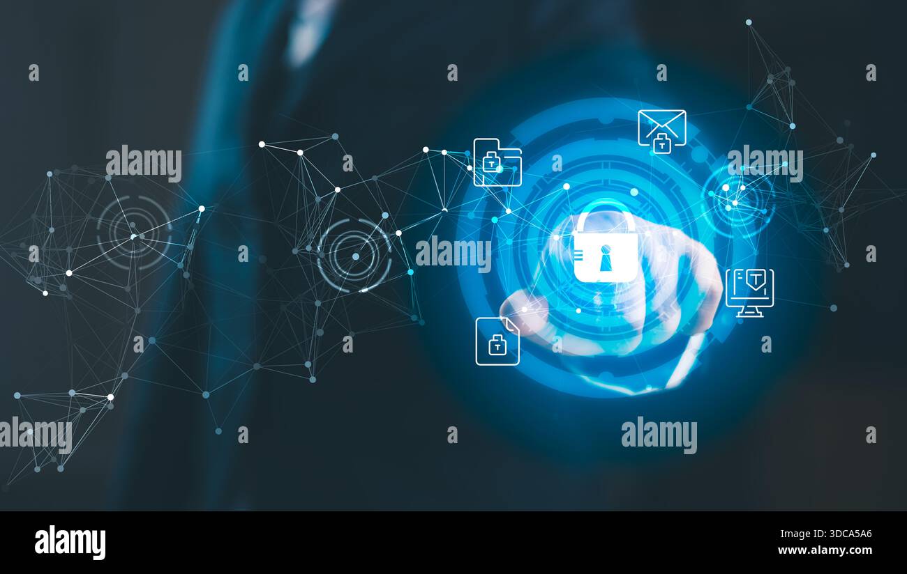 Businessman interacting digital cybersecurity interface secure network data protection encrypted communication information privacy representing advanc Stock Photo