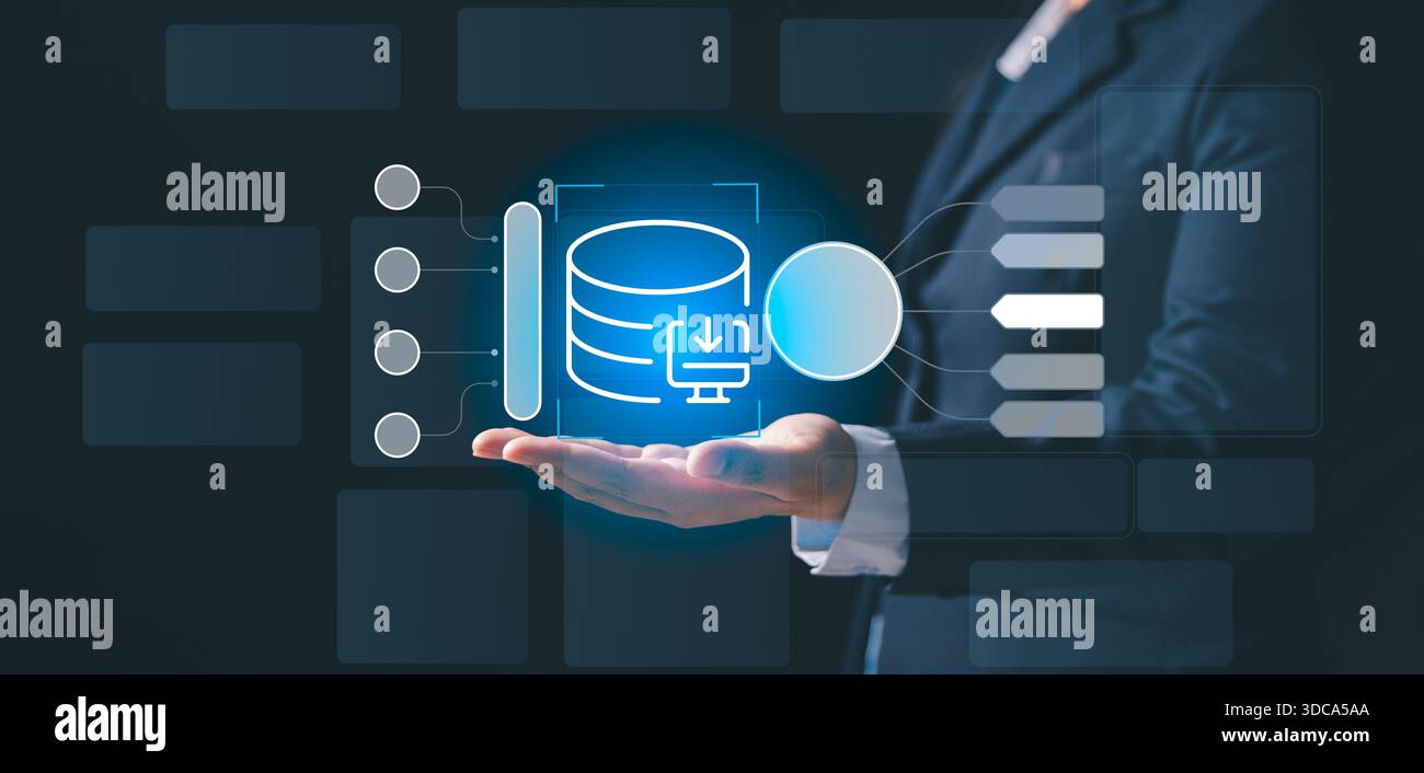 Business professional presenting glowing database icon with digital process elements, symbolizing data flow, information management, system integratio Stock Photo