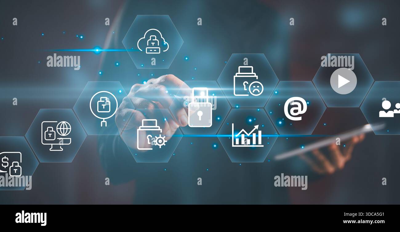 Businessman interacting digital security interface cloud protection data encryption secure access cybersecurity icons representing network safety Stock Photo
