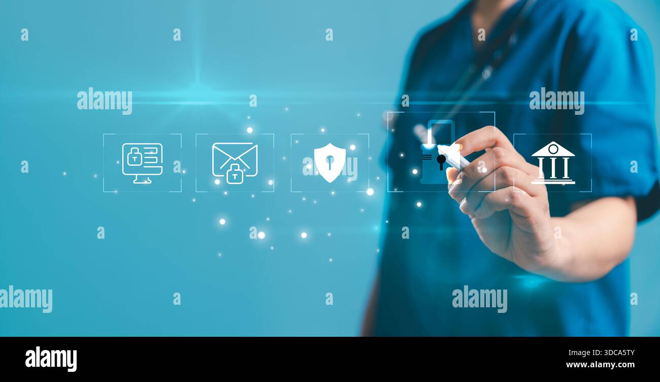 Healthcare professional interacting with digital security icons representing data protection, secure communication, patient privacy, medical informati Stock Photo