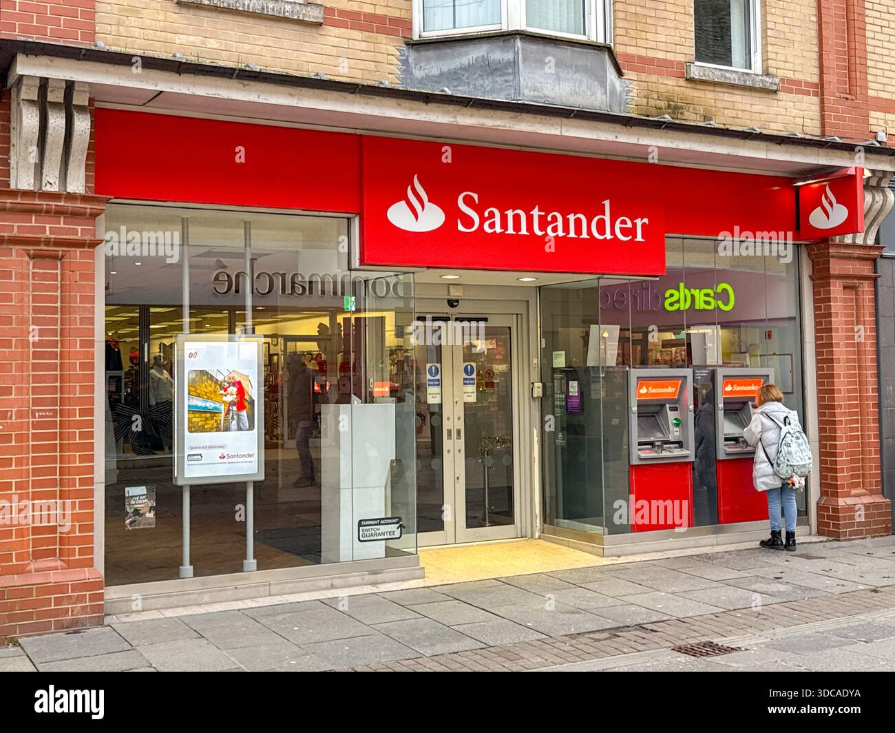 Bridgend, Wales, UK - 14 December 2025: Front exterior view of the branch of Santander Bank in Bridgend town centre. - Smartphone Captured Stock Image