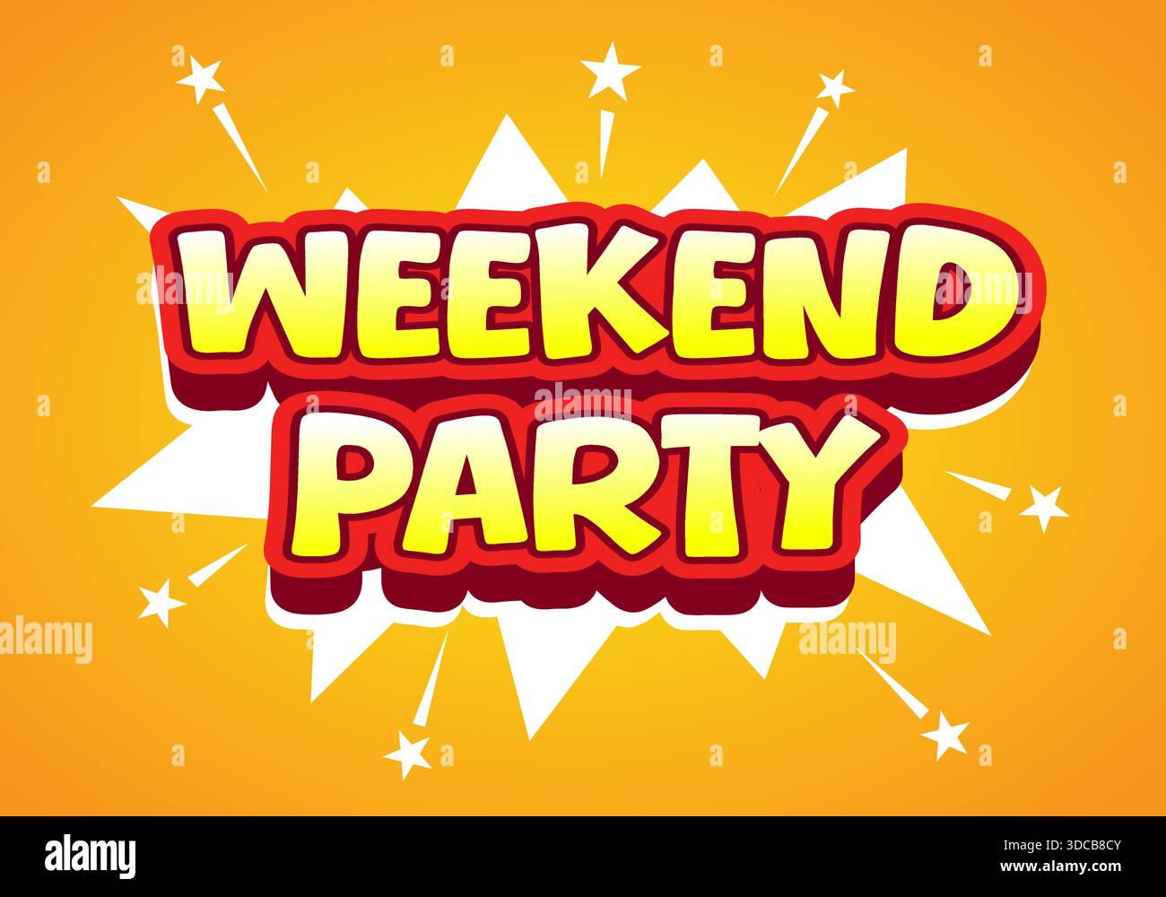 A vibrant graphic design featuring the text Weekend Party in bold, playful font. The background is bright orange with starburst effects, creating a fe Stock Vector
