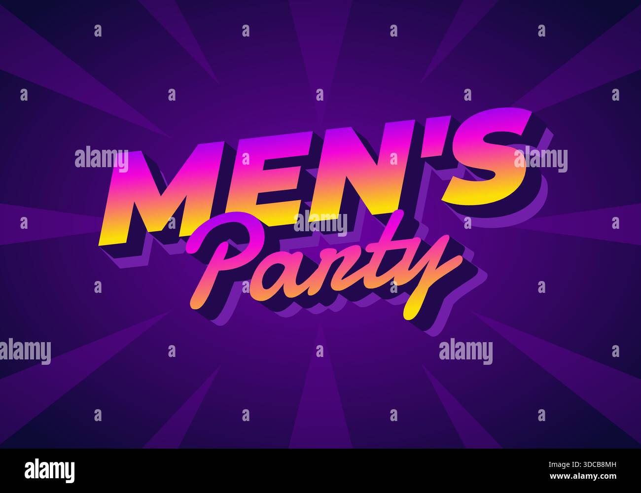 A vibrant graphic design featuring the text Mens Party in bold, colorful typography against a purple background with radiating lines Stock Vector