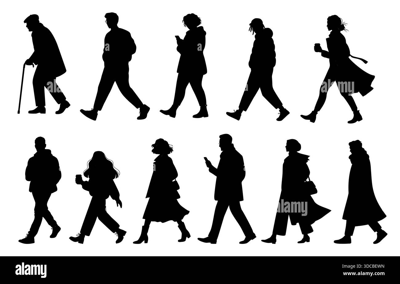 Set of black silhouettes people walking side view Stock Vector Image ...