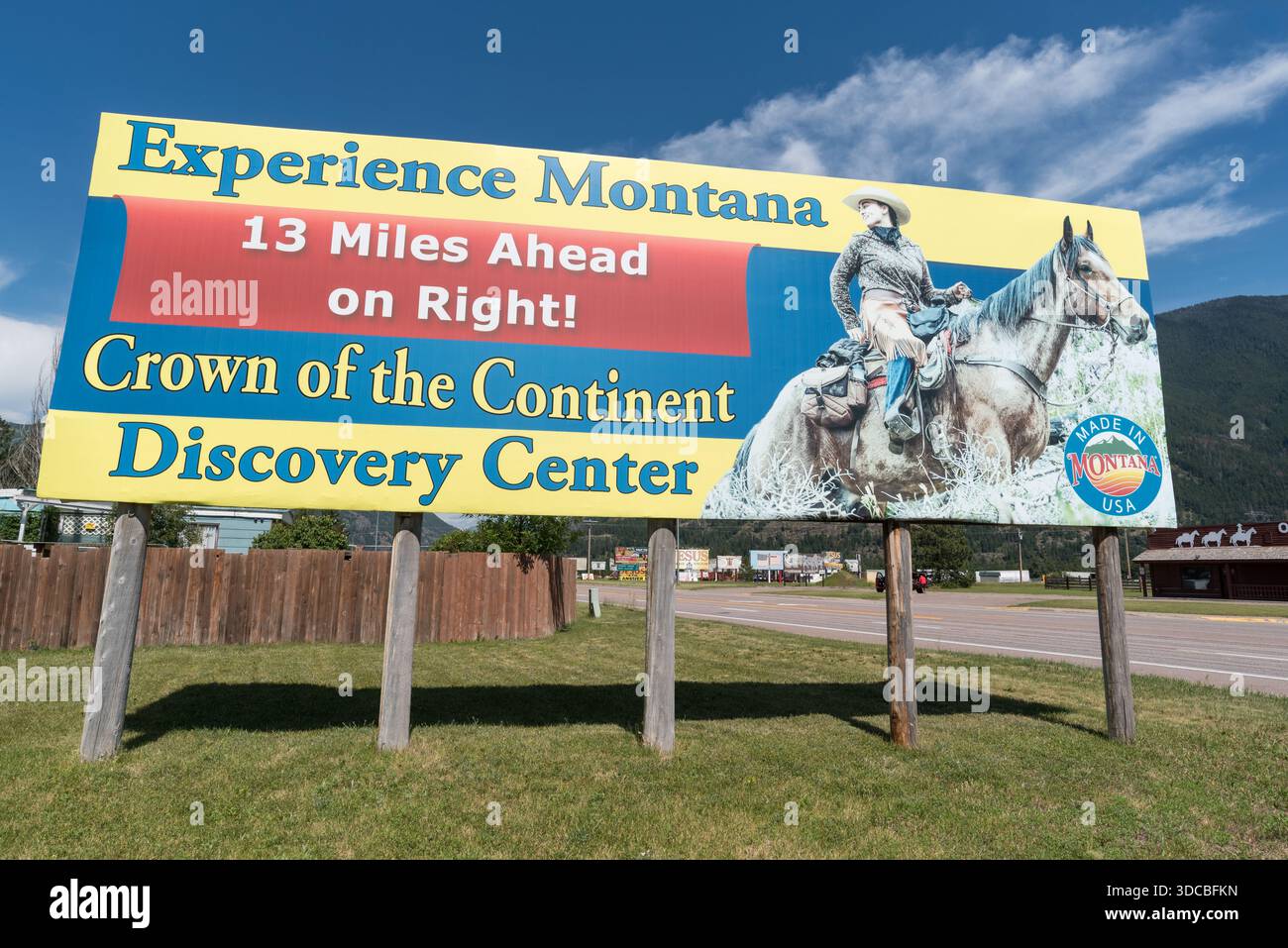 Crown of the Continent Discovery Center billboard in Columbia Falls, Montana, USA. Stock Photo