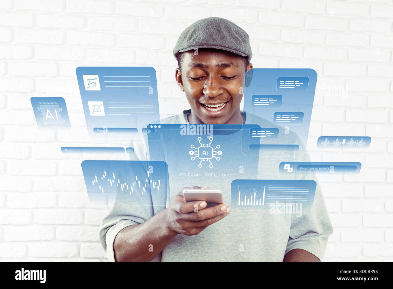 Man interacts with mobile device displaying information on artificial intelligence Stock Photo