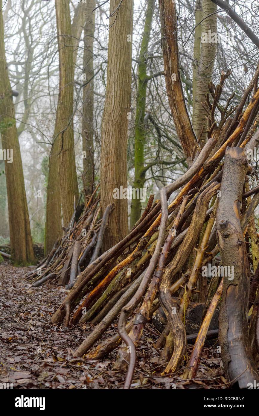 Nature Den Wooden stick den shelters built in a woodland setting as part of forest ...