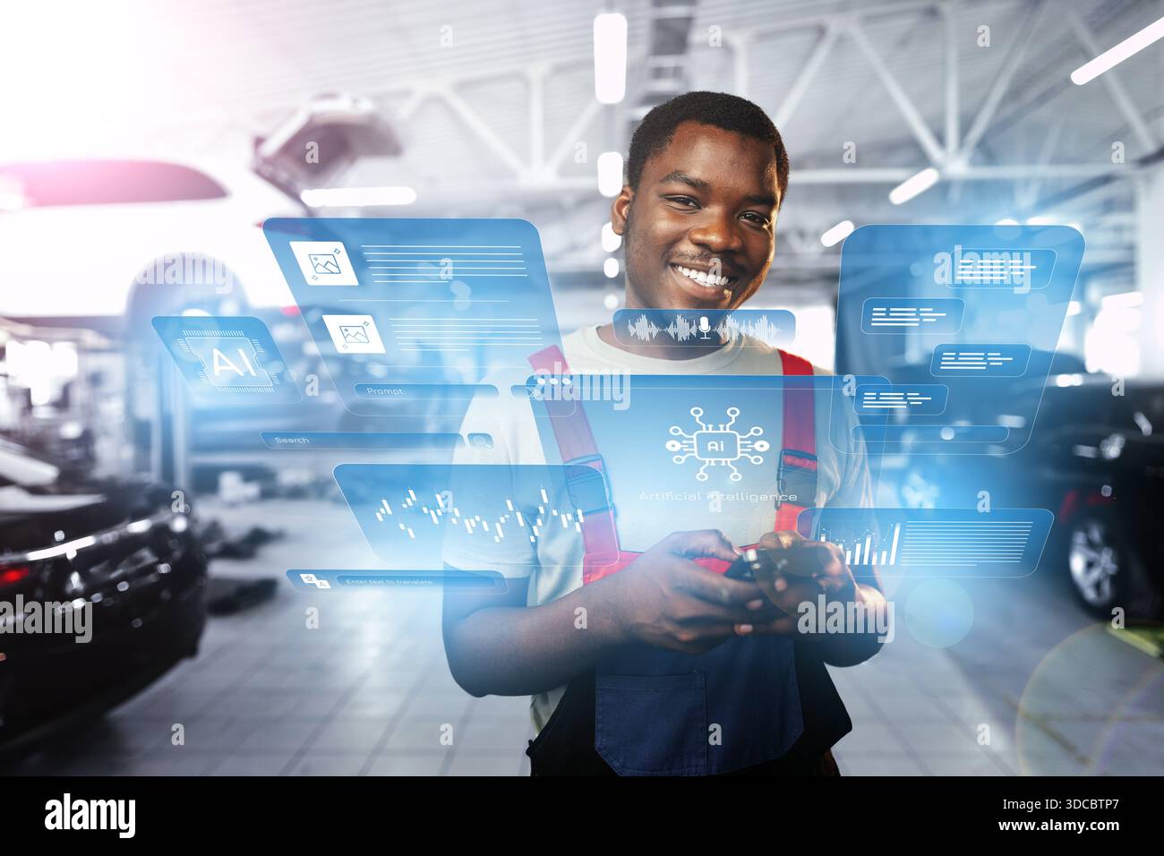 Man interacts with mobile device displaying information on artificial intelligence Stock Photo