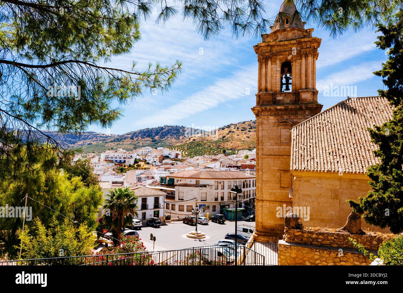 Detail of the bell tower. The parish church of the Assumption is a Catholic church located in the Spanish municipality of Luque, Córdoba, Andalucía, S Stock Photo