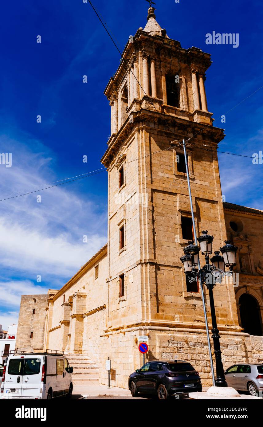 Detail of the bell tower. The parish church of the Assumption is a Catholic church located in the Spanish municipality of Luque, Córdoba, Andalucía, S Stock Photo