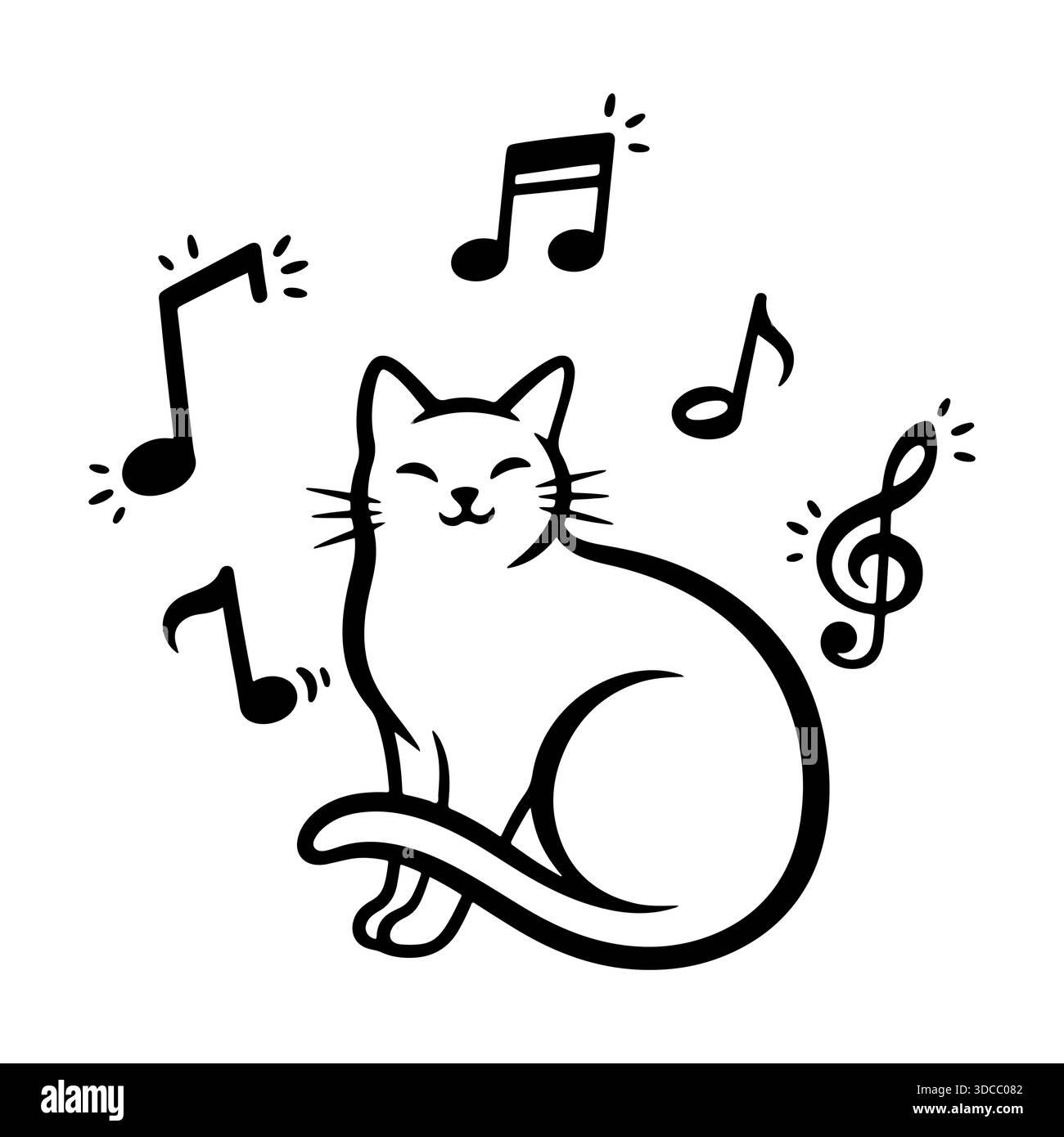 Happy cat with musical notes line art. Smiling kitten listening to ...