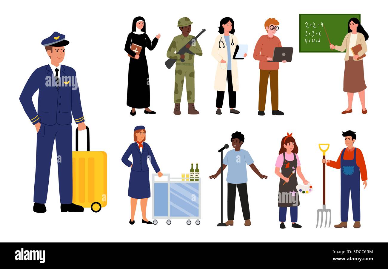 Cartoon-style illustrations, diverse professions in overalls with ...