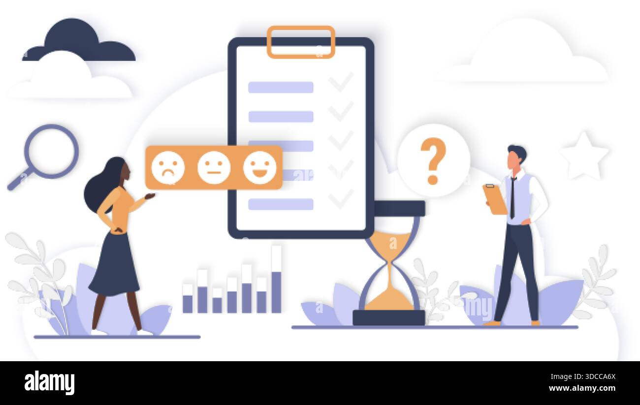 Business people analyzing survey results checklist rating scale ...