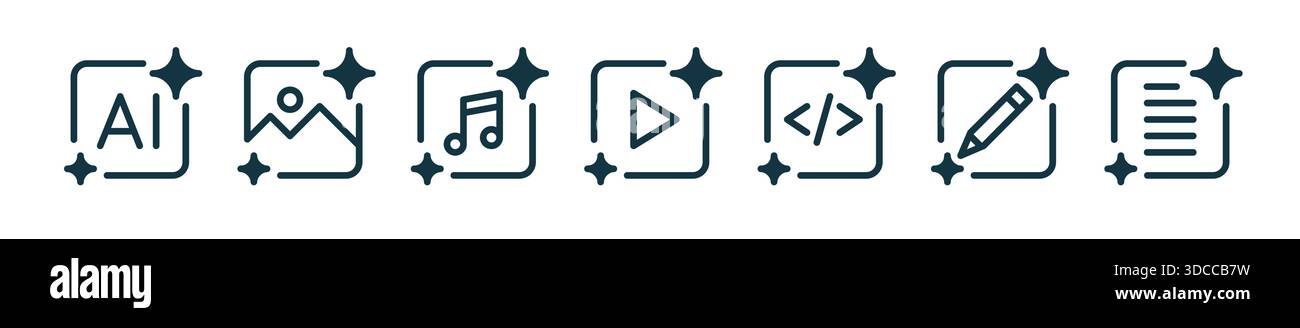 Set of AI tools icons for generating images, video, code, music, text. Icons for generative ai tools. Stock Vector