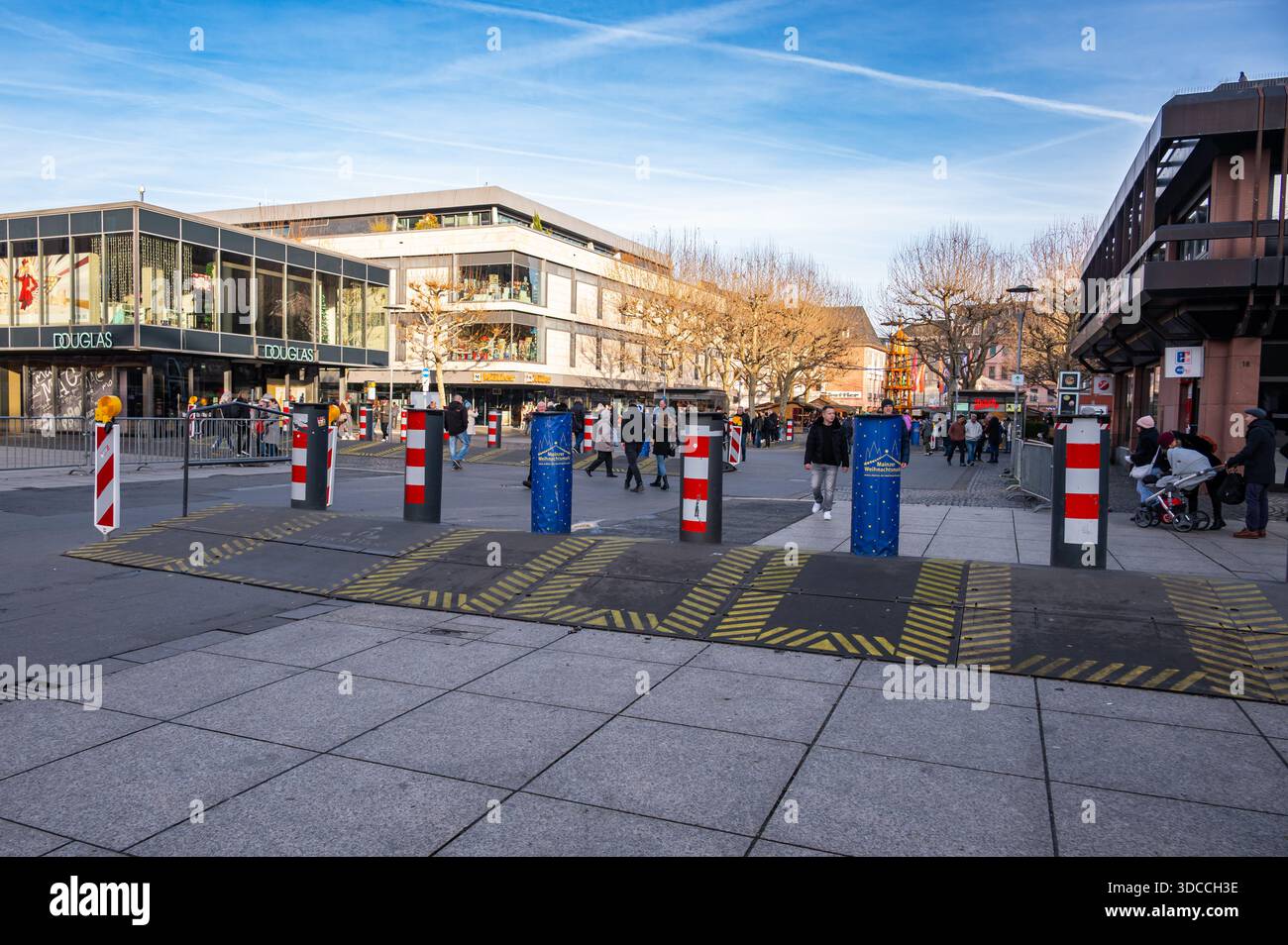 Mainz, Germany - December 22, 2025: Poller stands in the city center as protection for the christmas market in Mainz Stock Photo