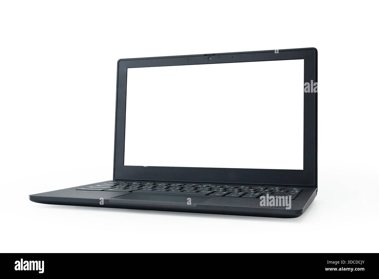 Black laptop with empty white display isolated on white background, low angle front view. Perfect for website mockups, online learning, business, offi Stock Photo