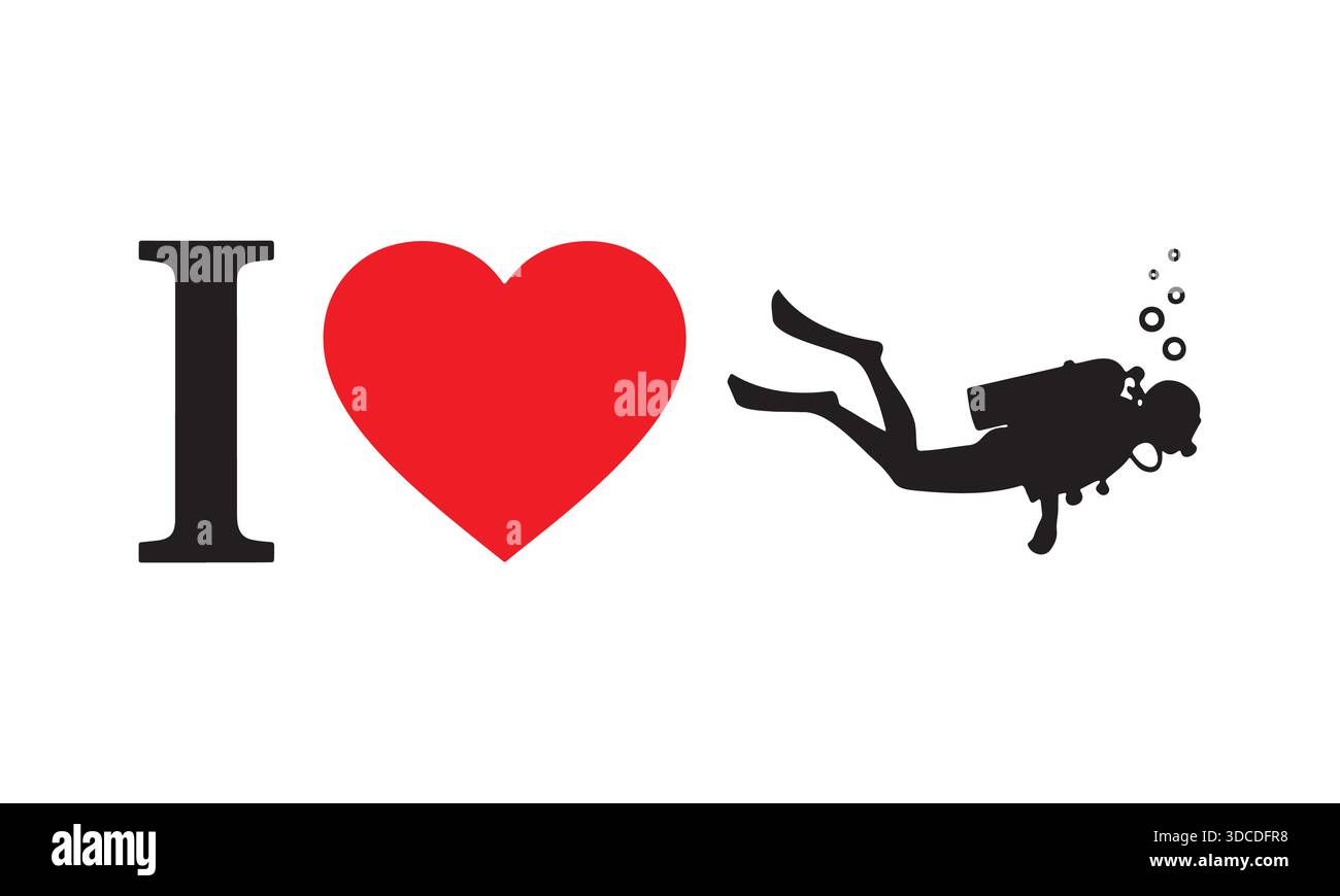 I Love Scuba Diving Silhouette Vector – Underwater Diver Sport Icon Stock Vector