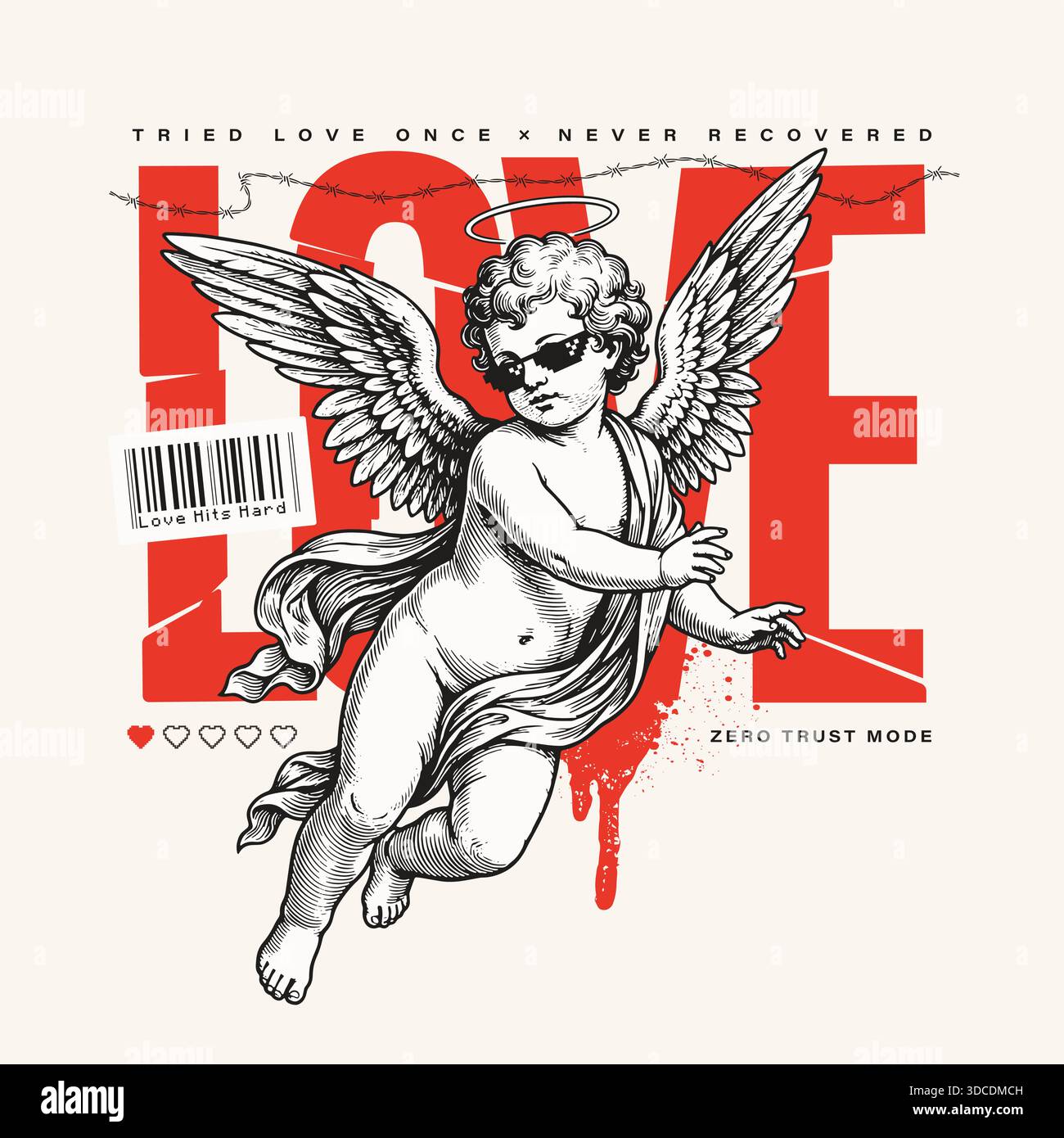 Classical cupid illustration mixed with modern grunge, pixel and