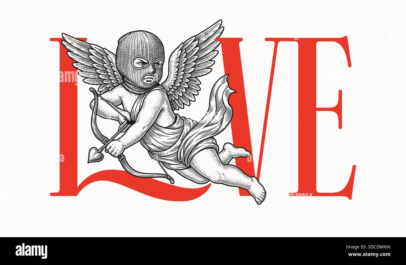 Brutal vintage art of cupid in balaclava inside bold LOVE