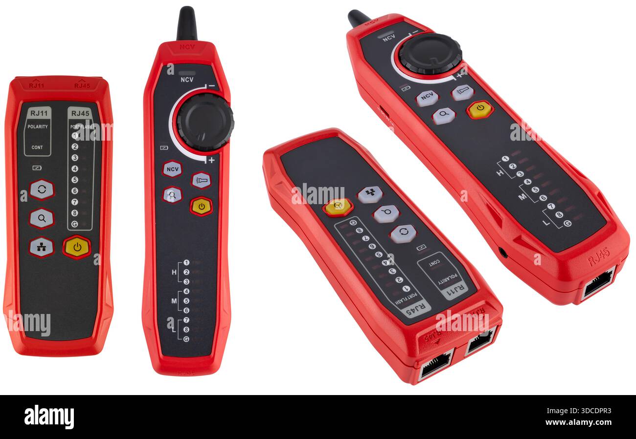 Red internet cable tester with two blocks and sequential wire indication. On a white background in isolation. Stock Photo