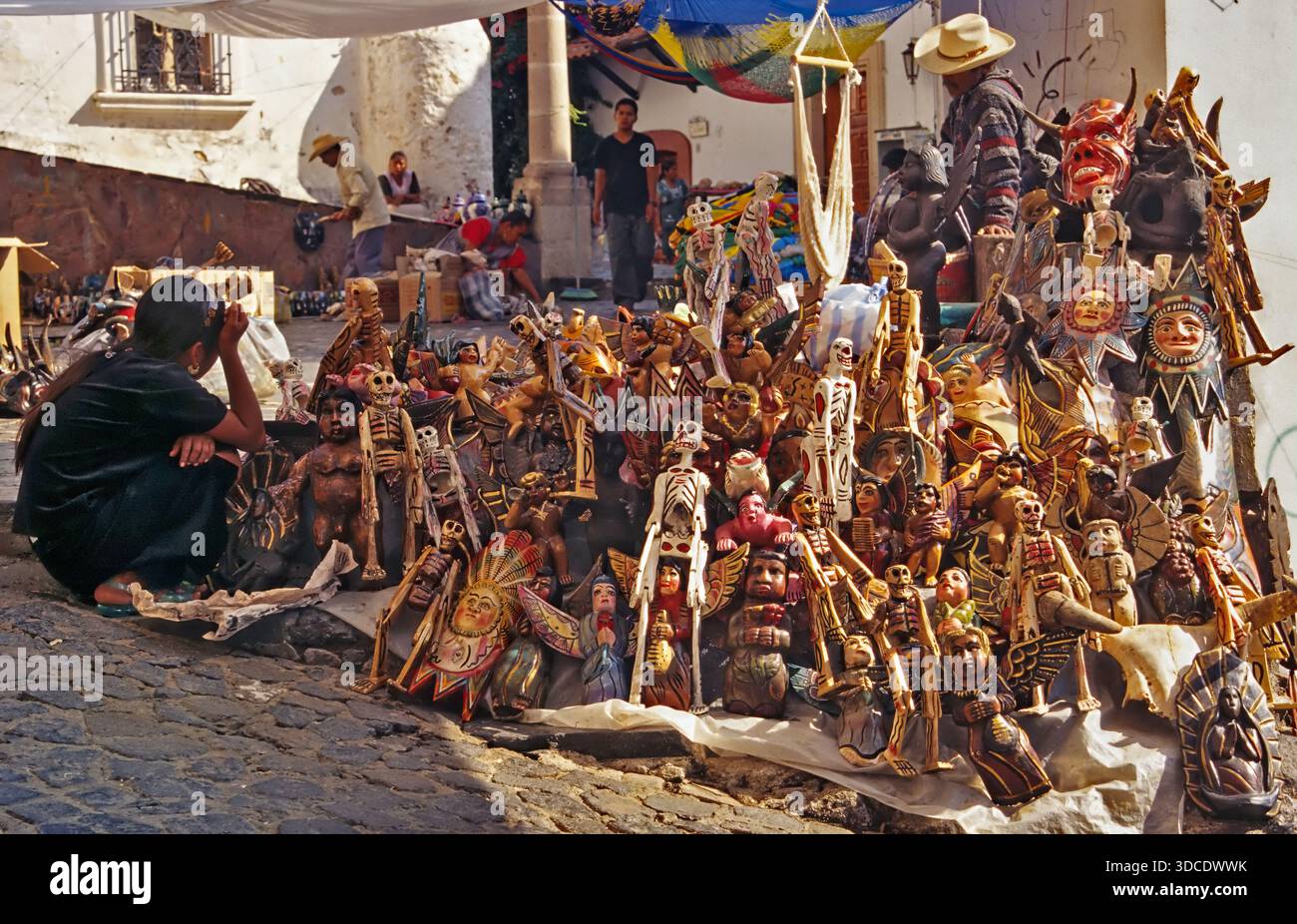 Large selection of skeleton toys at street for sale during Fiesta de Muertos in Taxco, Guerrero state,  Mexico Stock Photo