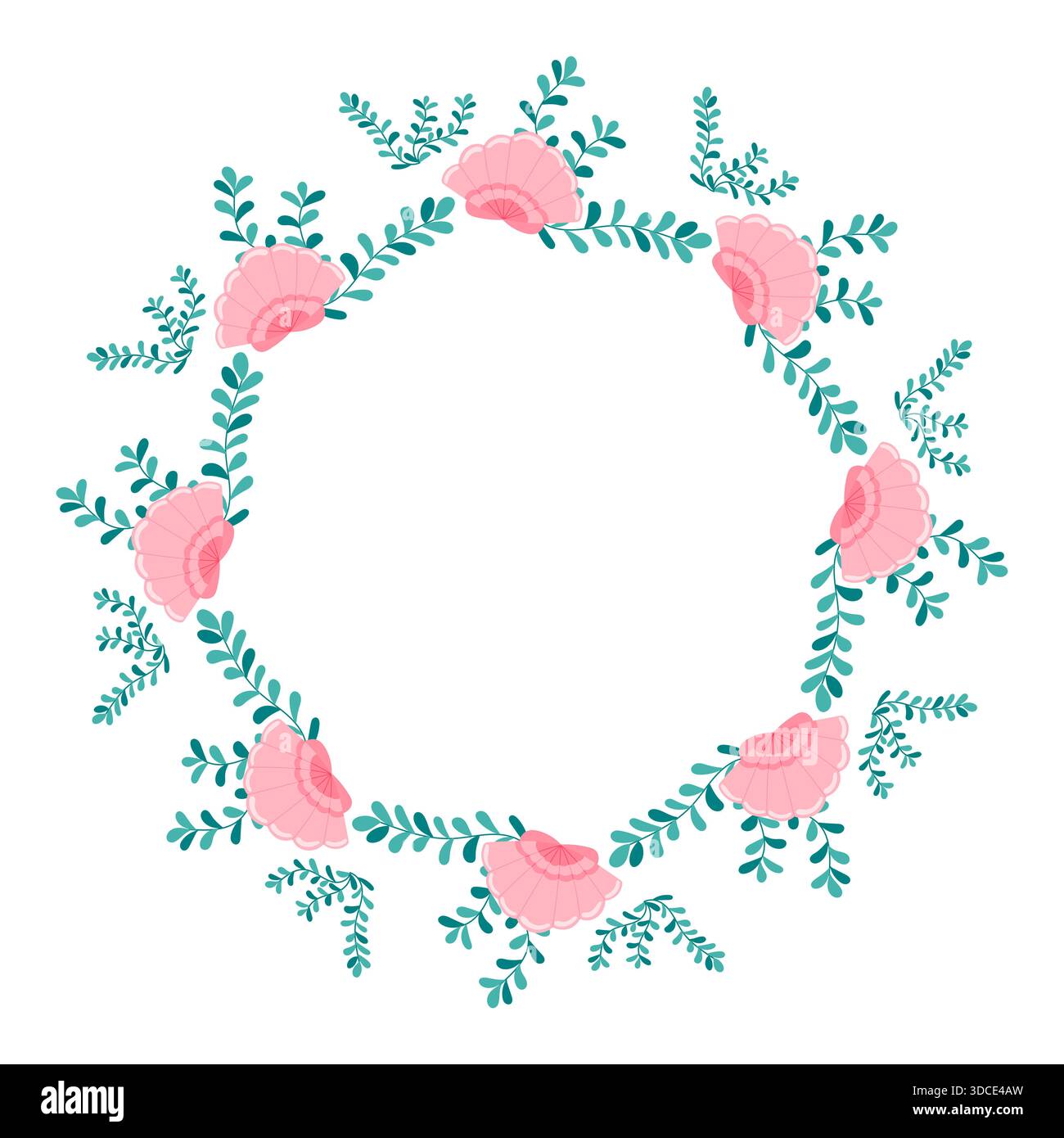 Round Sea Frame with Pink Shells and Seaweed Stock Vector