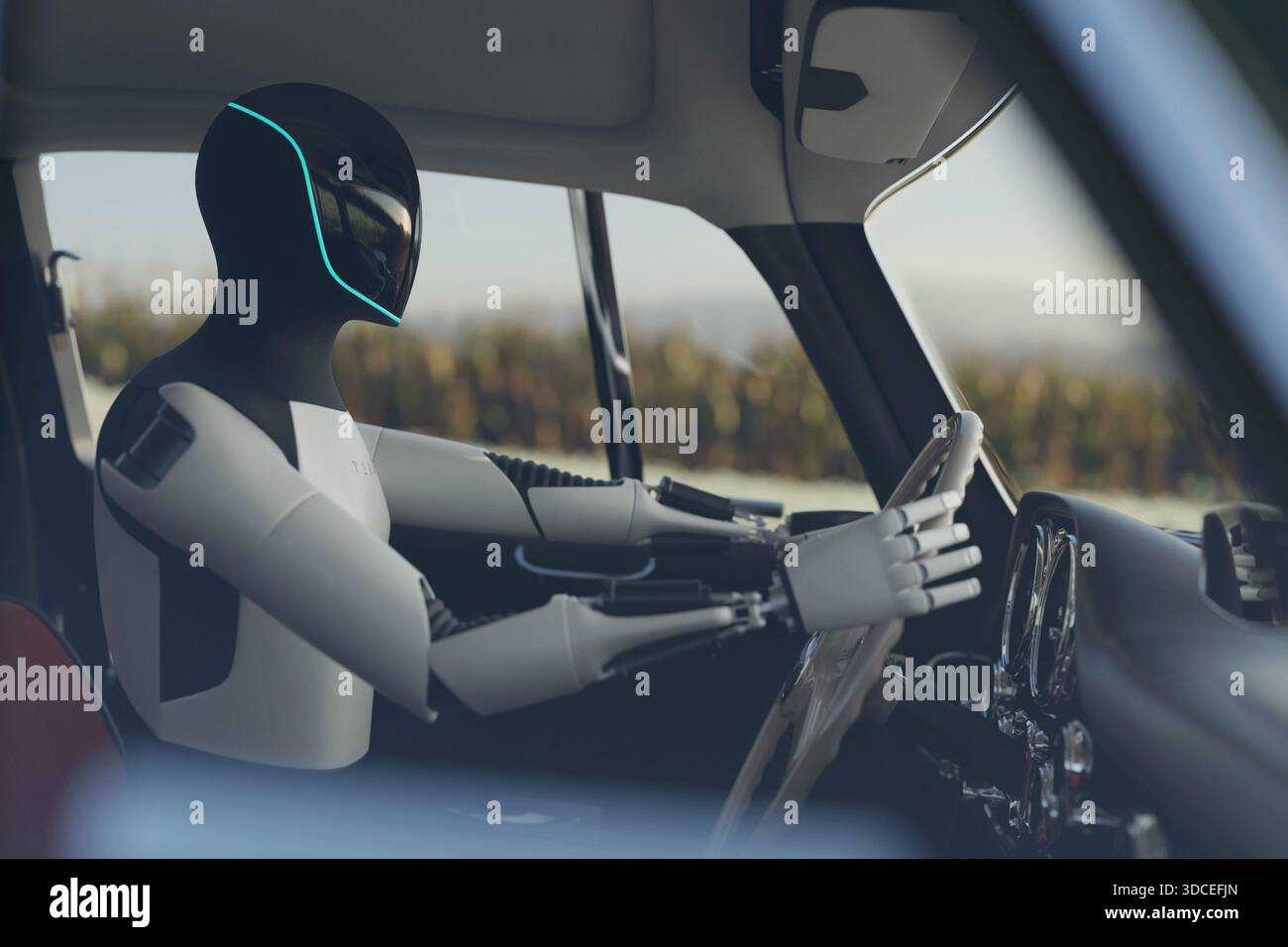 Futuristic humanoid robot in the driver's seat of a classic car, representing the future of AI and autonomous driving technology. Conceptual image of Stock Photo