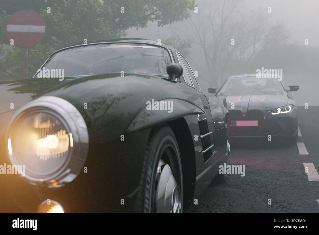 Two stylish cars on a misty road in the early morning fog, headlights ...