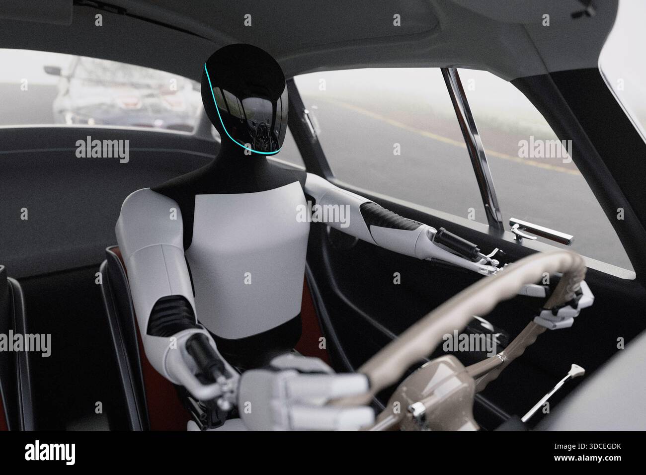Robotic Car Normal Humanoid robot driving a vintage car on a foggy road, representing ...