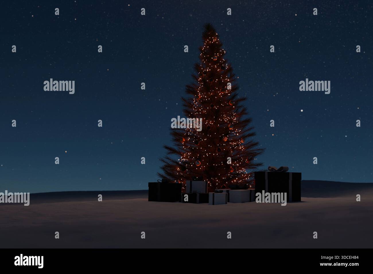 Festive Christmas tree adorned with warm, glowing lights and surrounded ...