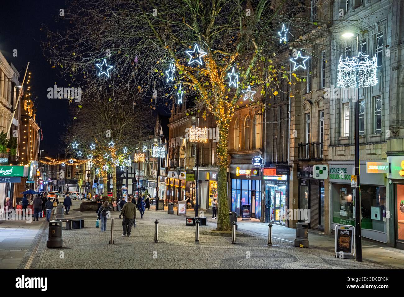 Christmas street lights. Warrington town centre. Stock Photo