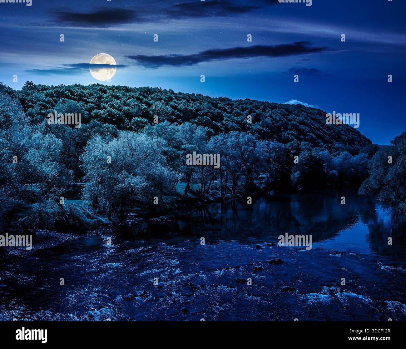 River flows among green forest near mountain at night. picturesque nature of a serene spring landscape in full moon light. deciduous trees reflection. Stock Photo