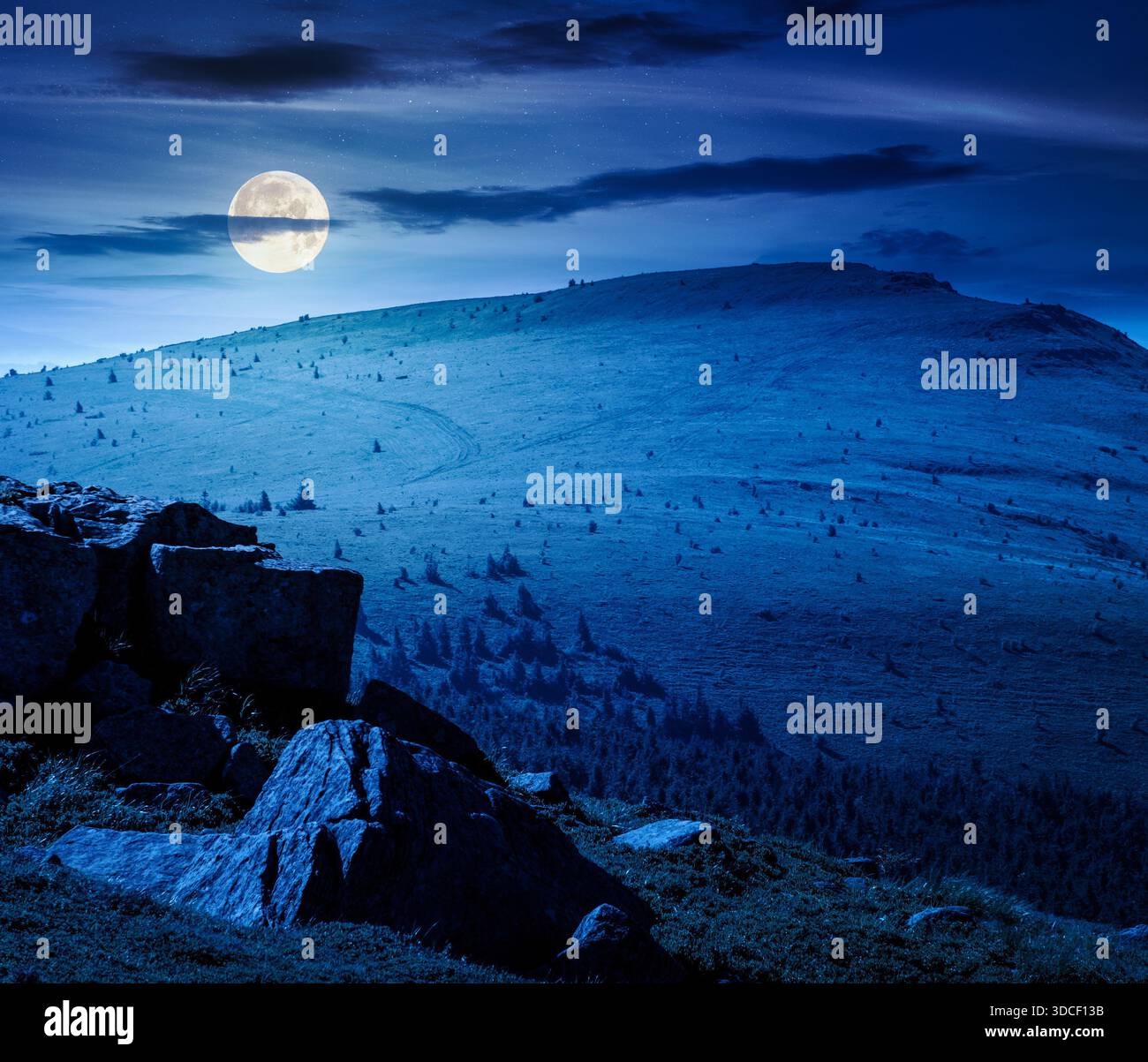 alpine meadows in mountains in summer at night. stones on grassy hills in full moon light. popular travel destination for photo. background for invest Stock Photo