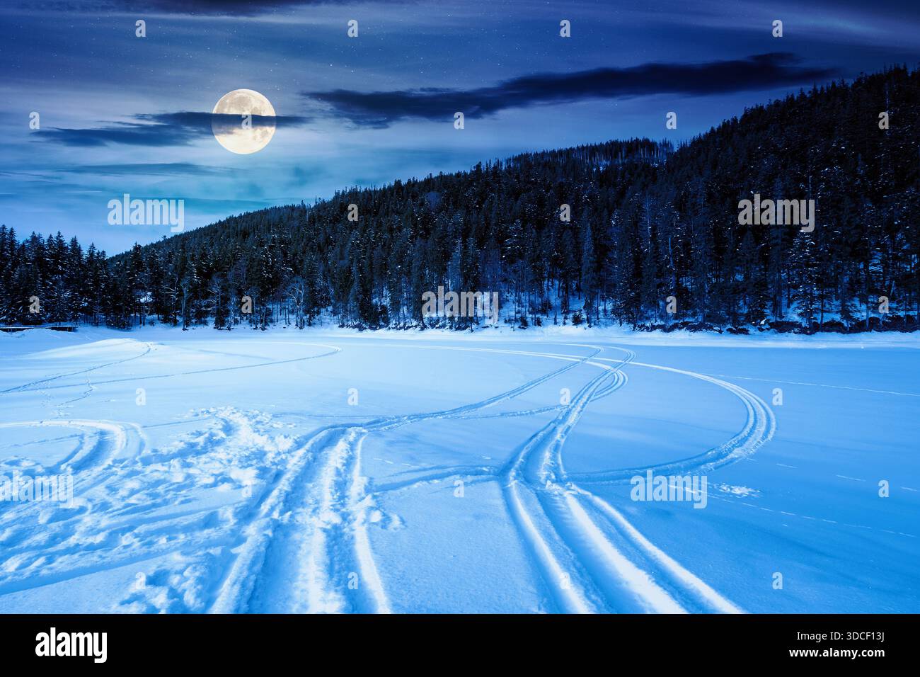 snow covered frozen lake in natural park at night. tranquil winter landscape surrounded with coniferous forest on shore in mountains in full moon ligh Stock Photo