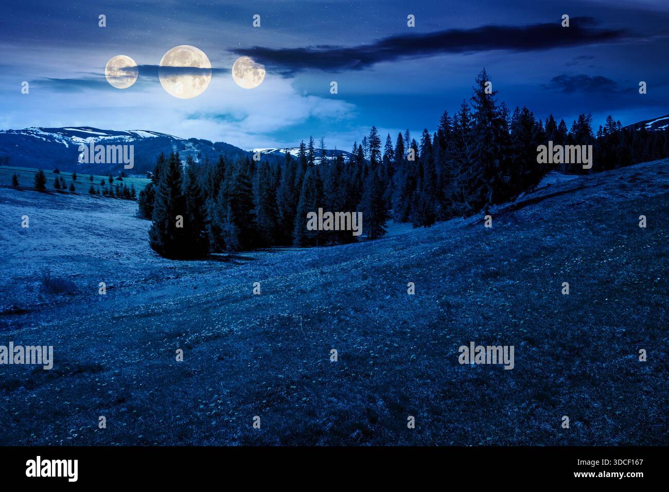 meadow and forest in mountain landscape at night. snow capped ridge in the distance in full moon light. wonderful spring countryside with clouds on sk Stock Photo