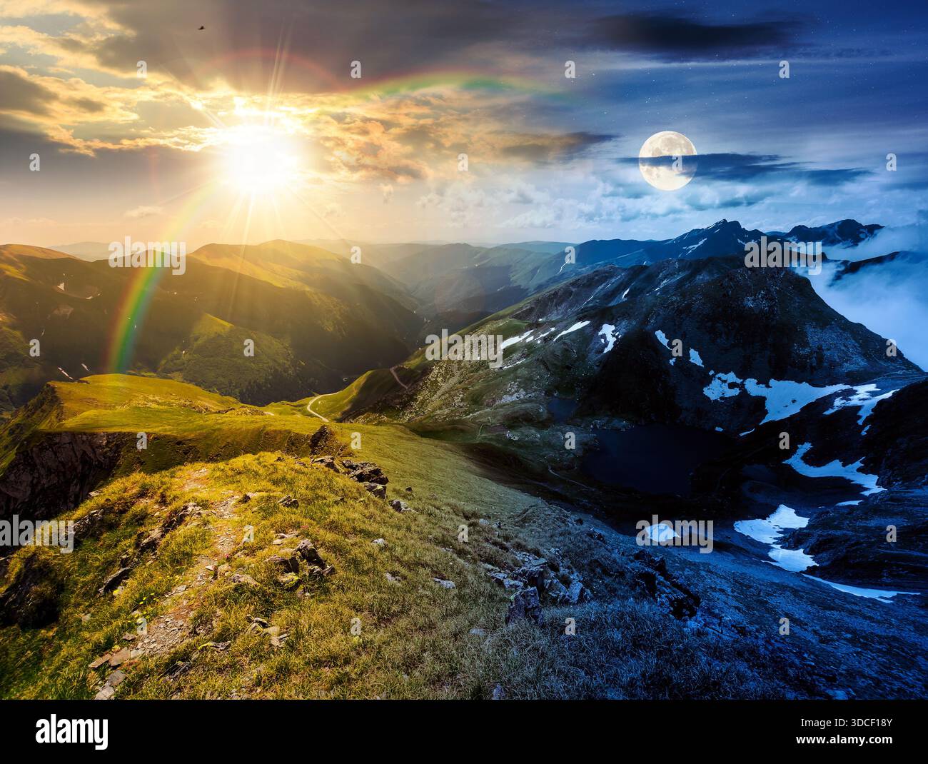 beautiful landscape of mountains. day and night time change concept. summer solstice scenery with sun and moon. Lake down the hillside. grass and snow Stock Photo