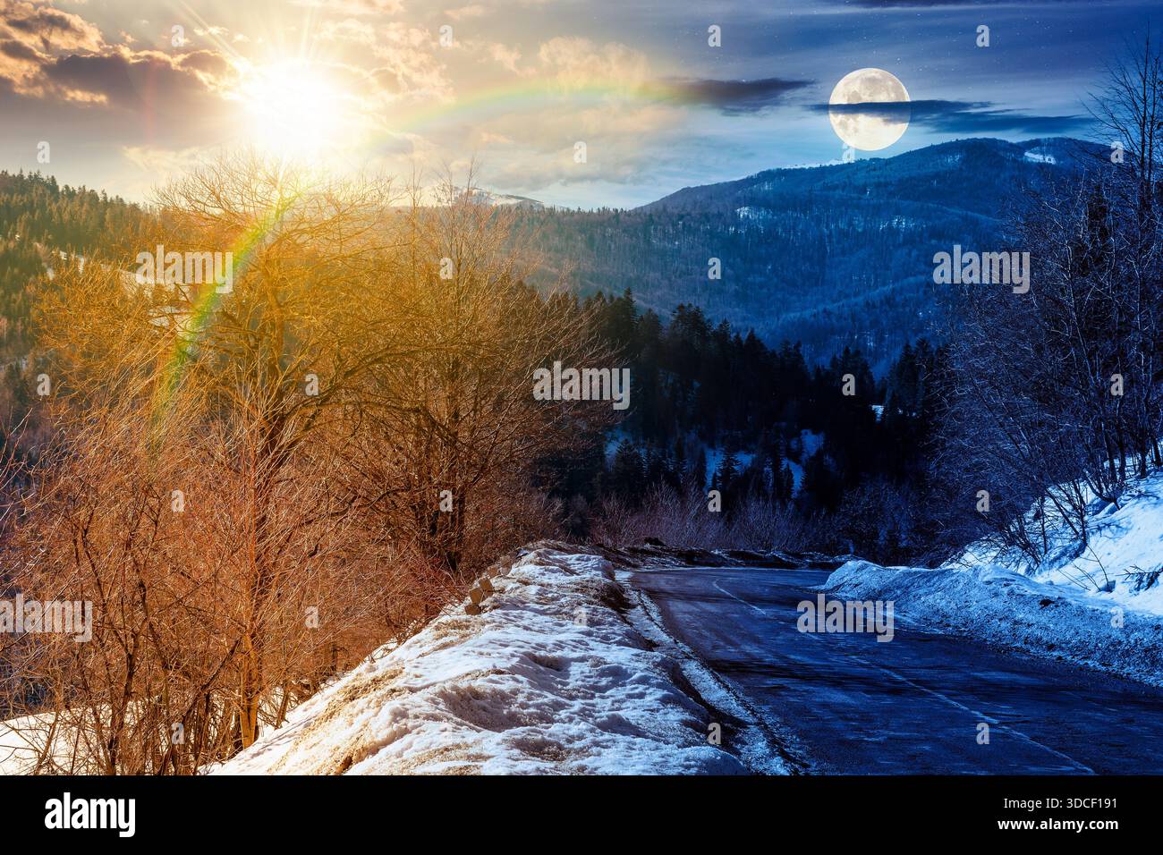 country road winding through winter landscape. day and night time change concept. mountains under sun and moon at twilight. travel background with sno Stock Photo
