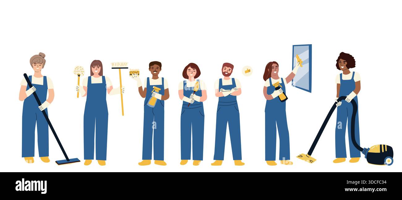 Cartoon cleaners set. Vector illustration isolated. Cleaning workers in ...